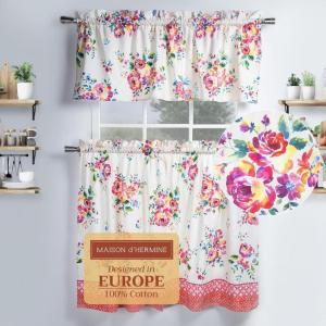 imageMaison d Hermine Kitchen Curtains Sets for Windows 100 Cotton Set of Kitchen Curtains Valances for Home 2 Tiers 28quotX36quot and 1 Valance 56quotX18quot Farmhouse Cafe Rural Christmas13  Rose Garden