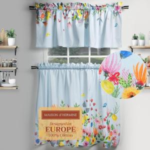 imageMaison d Hermine Kitchen Curtains Sets for Windows 100 Cotton Set of Kitchen Curtains Valances for Home 2 Tiers 28quotX36quot and 1 Valance 56quotX18quot Farmhouse Cafe Dalida06  Jardin Dete  Mint