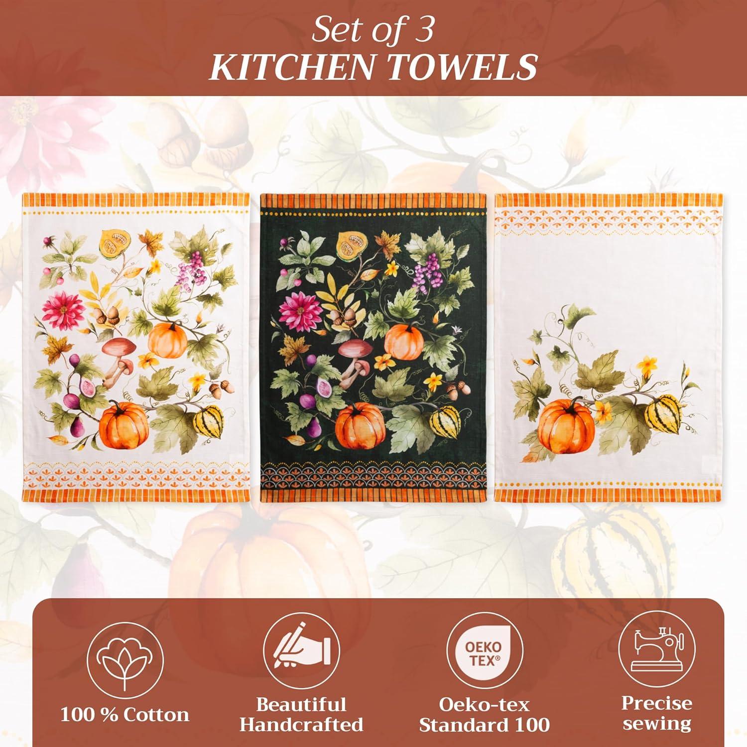 imageMaison d Hermine Kitchen Towels Set of 3 100 Cotton 20quot x 275quot Reusable Cloth Tea Dish Towels Absorbent with Hanging Loop for Kitchen Dining Thanksgiving Decorations Holy Jouy  Brown16  Pumpkin Garden  Cloudy Cream