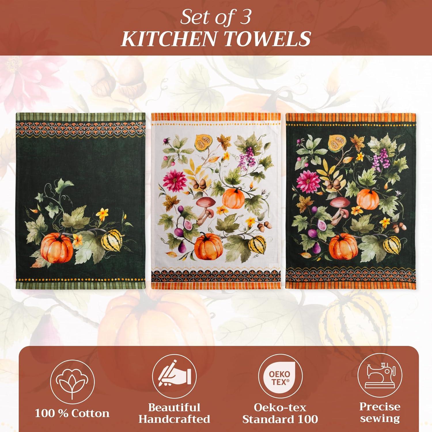 imageMaison d Hermine Kitchen Towels Set of 3 100 Cotton 20quot x 275quot Reusable Cloth Tea Dish Towels Absorbent with Hanging Loop for Kitchen Dining Thanksgiving Christmas Decorations Recolte08  Pumpkin Garden  Dark Green