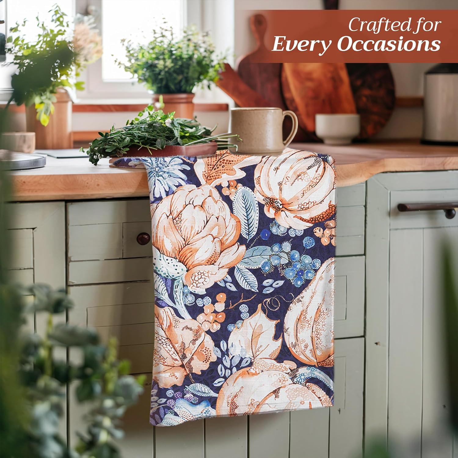 imageMaison d Hermine Kitchen Towels Set of 3 100 Cotton 20quot x 275quot Reusable Cloth Tea Dish Towels Absorbent with Hanging Loop for Kitchen Dining Thanksgiving Christmas Decorations Nila14  Pumpkin Blues