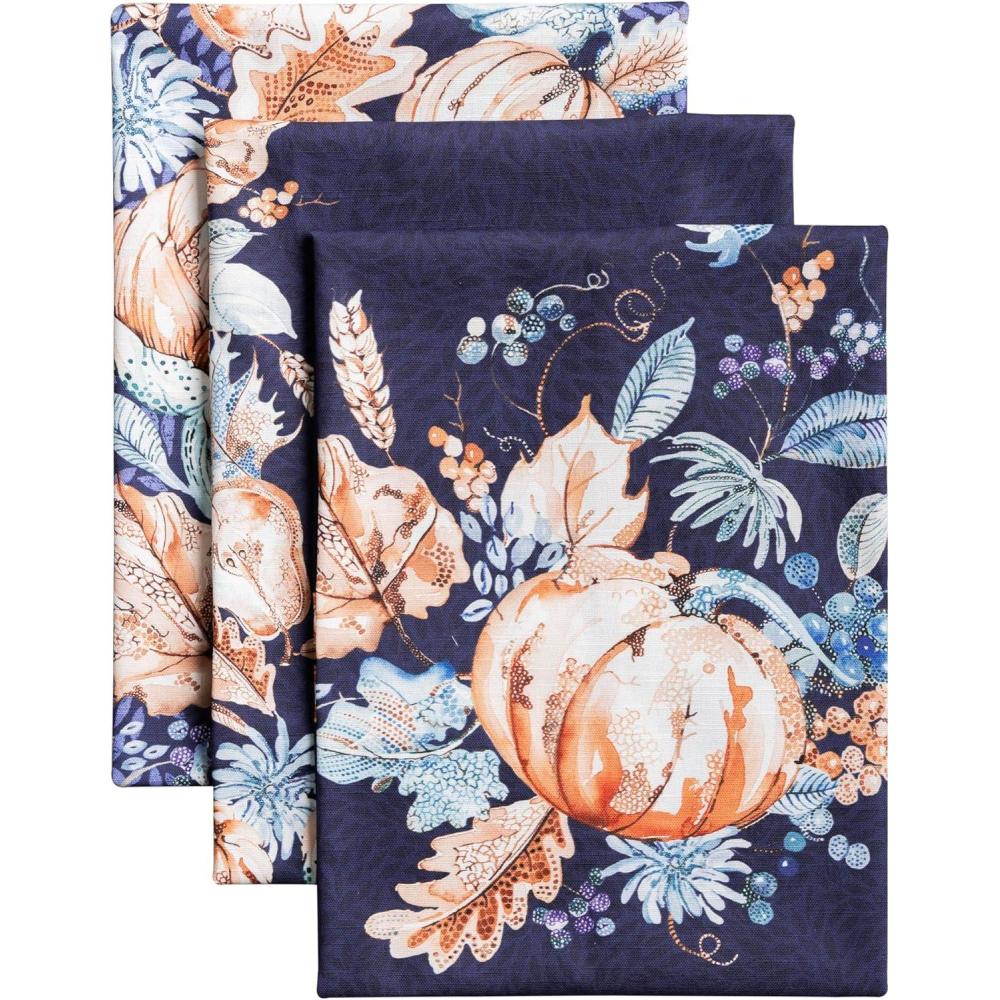 imageMaison d Hermine Kitchen Towels Set of 3 100 Cotton 20quot x 275quot Reusable Cloth Tea Dish Towels Absorbent with Hanging Loop for Kitchen Dining Thanksgiving Christmas Decorations Nila14  Pumpkin Blues