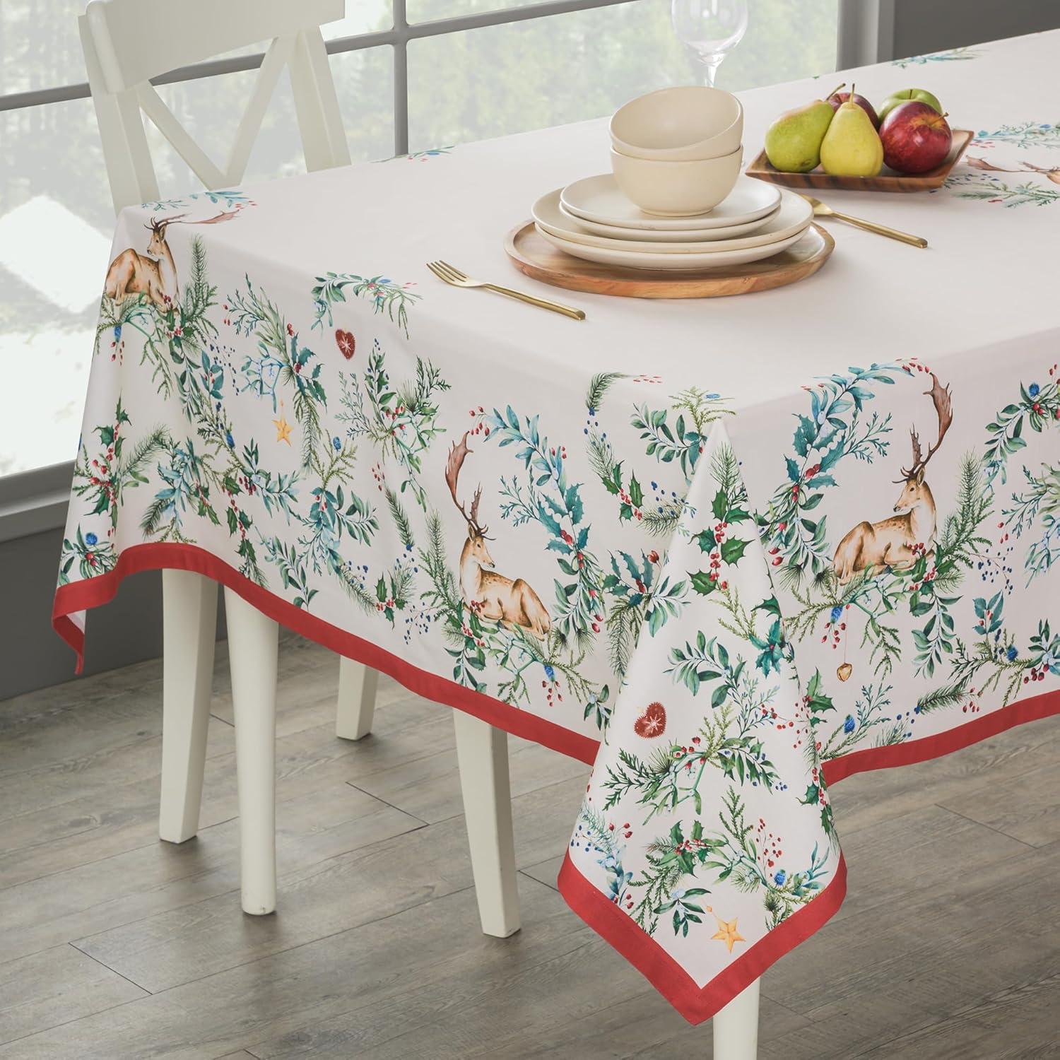 imageMaison d Hermine Table Cloth Rectangle Table 100 Cotton 60 x 90 Inches Fall Tablecloth Reusable Everyday Use for Thanksgiving Christmas Decorations Dining Farmhouse Party Holly Time