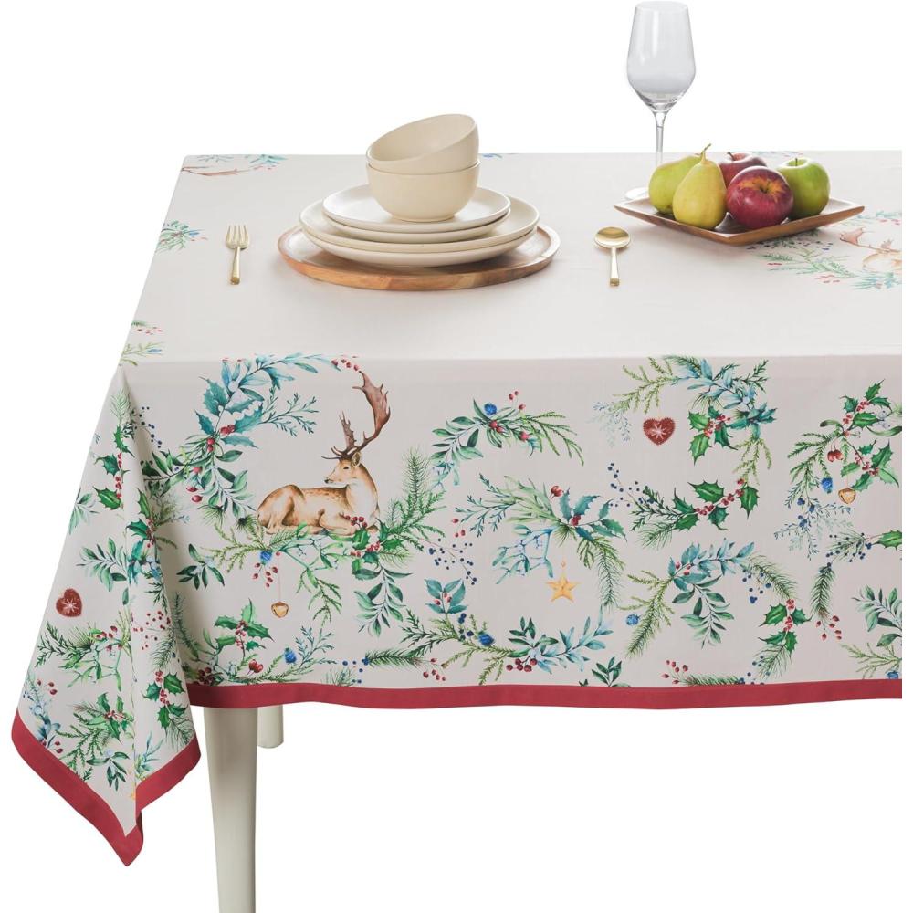 imageMaison d Hermine Table Cloth Rectangle Table 100 Cotton 60 x 90 Inches Fall Tablecloth Reusable Everyday Use for Thanksgiving Christmas Decorations Dining Farmhouse Party Holly Time