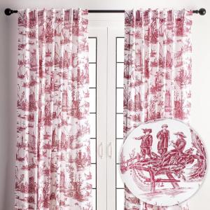 image:imageMaison d Hermine Curtains for Living Room 100 Cotton 108 inch Length Two Panels Light Filtering Toile Curtains for Bedroom with Rod and Loop Pockets Calais Red White Background 50 W x 108 L
