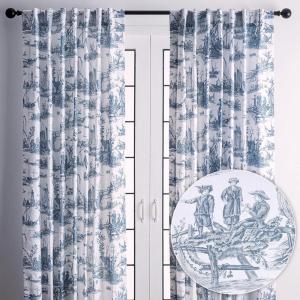 image:imageMaison d Hermine Curtains for Living Room 100 Cotton 124 inch Length Two Panels Light Filtering Toile Curtains for Bedroom with Rod and Loop Pockets Calais Blue White Background 50 W x 124 L