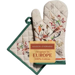 image:imageMaison d Hermine 100 Cotton Oven Mitt amp Pot Holder Set 75x13 amp 8x8 Heat Resistant BBQ Cooking Gloves with Loop for Thanksgiving Christmas Decorations Handling Hot Pans Recolte