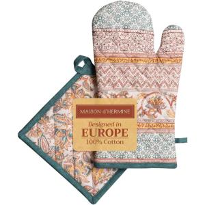 image:imageMaison d Hermine 100 Cotton Oven Mitt amp Pot Holder Set 75x13 amp 8x8 Heat Resistant BBQ Cooking Gloves with Loop for Thanksgiving Christmas Decorations Handling Hot Pans Nila