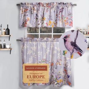 image:imageMaison d Hermine Kitchen Curtain Set for Windows 100 Cotton Set of Kitchen Curtain Valance for Home 2 Tier 28X36 and 1 Valance 56X18 Caf Gifts for Mothers Day Magnolia Mornings005  Equinoxe  Grey