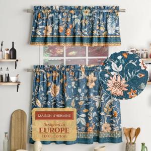 image:imageMaison d Hermine Kitchen Curtain Set for Windows 100 Cotton Set of Kitchen Curtain Valance for Home 2 Tier 28X36 and 1 Valance 56X18 Caf Gifts for Mothers Day Magnolia Mornings033  Luxury Loft  Dark Teal