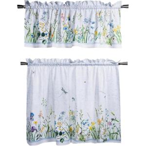 image:imageMaison d Hermine Kitchen Curtain Set for Windows 100 Cotton Set of Kitchen Curtain Valance for Home 2 Tier 28X36 and 1 Valance 56X18 Caf Gifts for Mothers Day Magnolia Mornings010  Fleurs De Mai