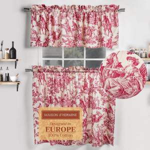 image:imageMaison d Hermine Kitchen Curtain Set for Windows 100 Cotton Set of Kitchen Curtain Valance for Home 2 Tier 28X36 and 1 Valance 56X18 Caf Gifts for Mothers Day Magnolia Mornings004  the Miller  Red