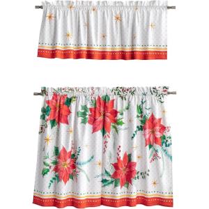 image:imageMaison d Hermine Kitchen Curtain Set for Windows 100 Cotton Set of Kitchen Curtain Valance for Home 2 Tier 28X36 and 1 Valance 56X18 Caf Gifts for Mothers Day Magnolia Mornings057  Poinsettia Christmas