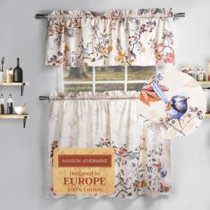 image:imageMaison d Hermine Kitchen Curtain Set for Windows 100 Cotton Set of Kitchen Curtain Valance for Home 2 Tier 28X36 and 1 Valance 56X18 Caf Gifts for Mothers Day Magnolia Mornings026  Equinoxe  Beige
