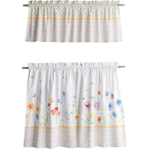 image:imageMaison d Hermine Kitchen Curtain Set for Windows 100 Cotton Set of Kitchen Curtain Valance for Home 2 Tier 28X36 and 1 Valance 56X18 Caf Gifts for Mothers Day Magnolia Mornings028  Summer Whisper