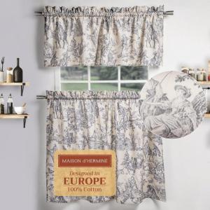 image:imageMaison d Hermine Kitchen Curtain Set for Windows 100 Cotton Set of Kitchen Curtain Valance for Home 2 Tier 28X36 and 1 Valance 56X18 Caf Gifts for Mothers Day Magnolia Mornings014  the Miller  Paloma Grey