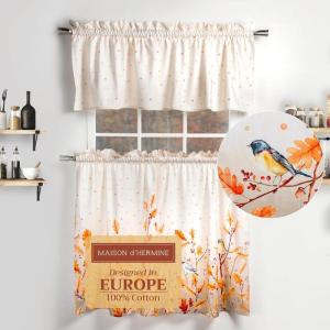 image:imageMaison d Hermine Kitchen Curtain Set for Windows 100 Cotton Set of Kitchen Curtain Valance for Home 2 Tier 28X36 and 1 Valance 56X18 Caf Gifts for Mothers Day Magnolia Mornings019  Oak Leaves
