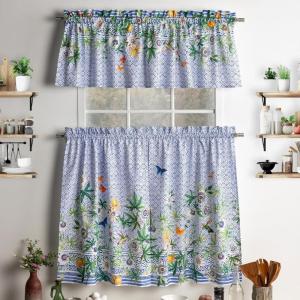 image:imageMaison d Hermine Kitchen Curtain Set for Windows 100 Cotton Set of Kitchen Curtain Valance for Home 2 Tier 28X36 and 1 Valance 56X18 Caf Gifts for Mothers Day Magnolia Mornings066  Passiflora