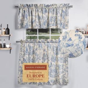 image:imageMaison d Hermine Kitchen Curtain Set for Windows 100 Cotton Set of Kitchen Curtain Valance for Home 2 Tier 28X36 and 1 Valance 56X18 Caf Gifts for Mothers Day Magnolia Mornings003  the Miller  Blue