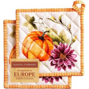 image:imageMaison d Hermine Pot Holders Set 100 Cotton Heat Resistant Potholders 8 x 8 Hot Pads with Loop for Thanksgiving Christmas Decorations Handling Hot Pans Pack of 2 Pumpkin Garden  Cloudy Cream