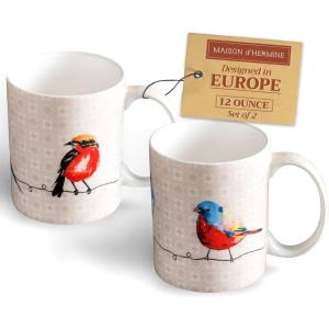 image:imageMaison d Hermine Coffee Mug with Handles Fine Bone China Mugs Pack of One Tea Cups for Hot Beverages Cappuccino Latte Home Restaurant Hotel Spring Summer Summer Floral  Cornflower 12 Ounce024  Birdies on Wire  Pack of 2