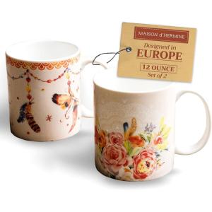image:imageMaison d Hermine Coffee Mug with Handles Fine Bone China Mugs Pack of One Tea Cups for Hot Beverages Cappuccino Latte Home Restaurant Hotel Spring Summer Summer Floral  Cornflower 12 Ounce012  Ibiza  Beige  Pack of 2