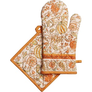 image:imageMaison d Hermine 100 Cotton Oven Mitt amp Pot Holder Set 75x13 amp 8x8 Heat Resistant BBQ Cooking Gloves with Loop Baking Grilling Kitchen Handling Hot Pans Pumpkin Spice