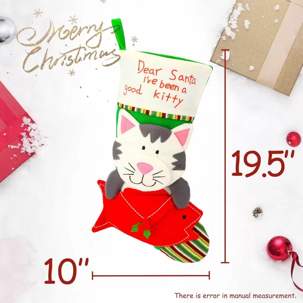 Hopearl 20 Cat Christmas Stocking 3D Large Pet Holder Kitty Ornament Gifts Bags for Pets Ornament Kitten Decoration Holiday Party Supply Green