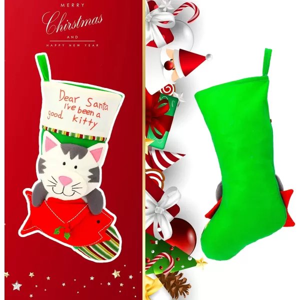 Hopearl 20 Cat Christmas Stocking 3D Large Pet Holder Kitty Ornament Gifts Bags for Pets Ornament Kitten Decoration Holiday Party Supply Green