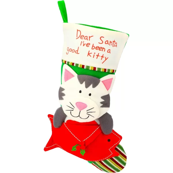 Hopearl 20 Cat Christmas Stocking 3D Large Pet Holder Kitty Ornament Gifts Bags for Pets Ornament Kitten Decoration Holiday Party Supply Green