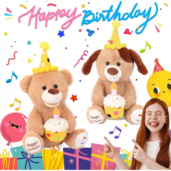 Hopearl Adorable Happy Birthday Teddy Bear with Glowing Cupcake Musical Stuffed Animal Bear Singing and Shaking Plush Toy Interactive Animated Kids Gifts Brown 15