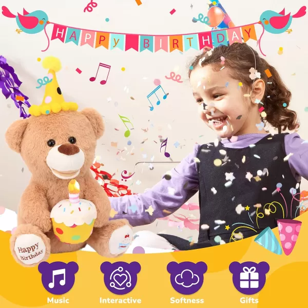 Hopearl Adorable Happy Birthday Teddy Bear with Glowing Cupcake Musical Stuffed Animal Bear Singing and Shaking Plush Toy Interactive Animated Kids Gifts Brown 15