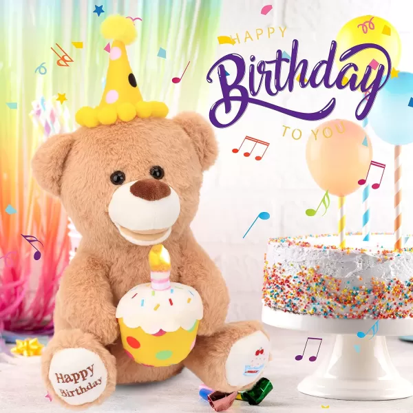 Hopearl Adorable Happy Birthday Teddy Bear with Glowing Cupcake Musical Stuffed Animal Bear Singing and Shaking Plush Toy Interactive Animated Kids Gifts Brown 15