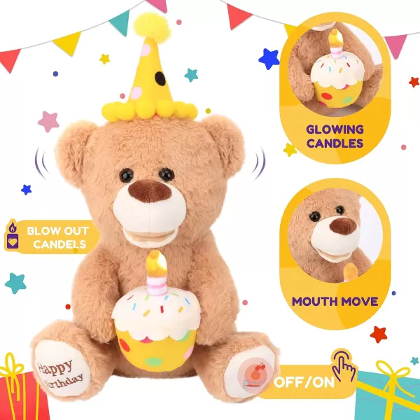 Hopearl Adorable Happy Birthday Teddy Bear with Glowing Cupcake Musical Stuffed Animal Bear Singing and Shaking Plush Toy Interactive Animated Kids Gifts Brown 15