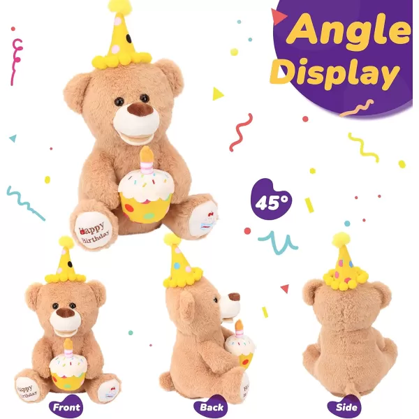 Hopearl Adorable Happy Birthday Teddy Bear with Glowing Cupcake Musical Stuffed Animal Bear Singing and Shaking Plush Toy Interactive Animated Kids Gifts Brown 15