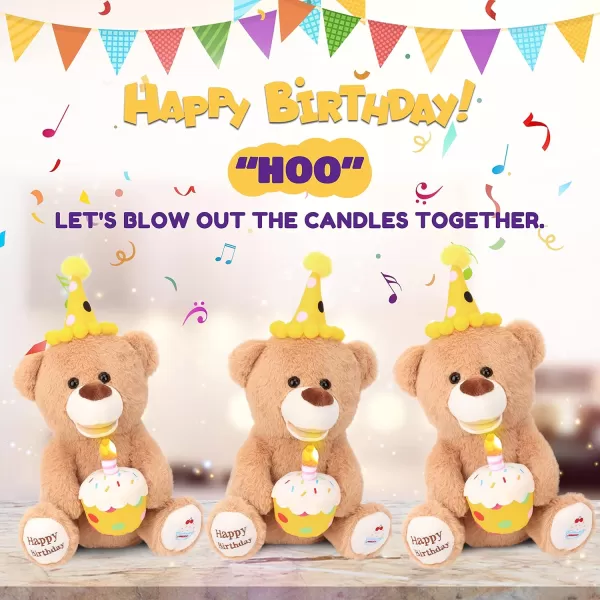 Hopearl Adorable Happy Birthday Teddy Bear with Glowing Cupcake Musical Stuffed Animal Bear Singing and Shaking Plush Toy Interactive Animated Kids Gifts Brown 15