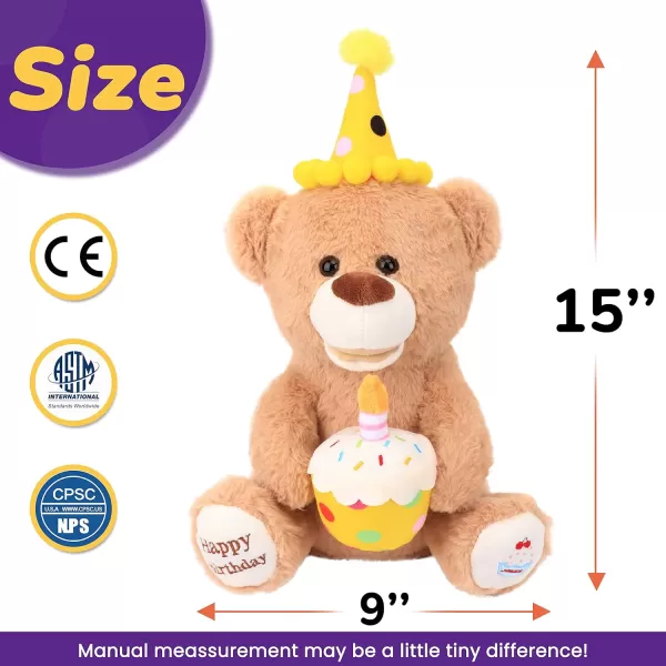 Hopearl Adorable Happy Birthday Teddy Bear with Glowing Cupcake Musical Stuffed Animal Bear Singing and Shaking Plush Toy Interactive Animated Kids Gifts Brown 15