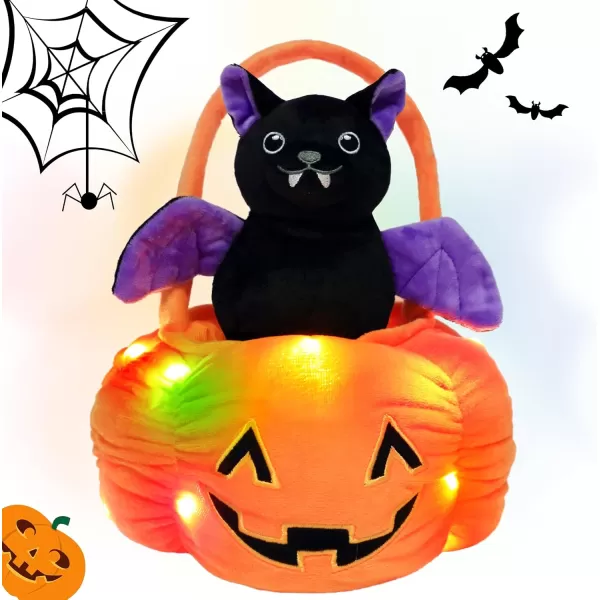 Hopearl Halloween Pumpkin Black Cat Stuffed Animal Kitty in Detachable Pumpkin Plush Toy Festival Gifts for Kids 95Bat with Light