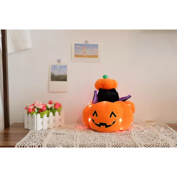 Hopearl Halloween Pumpkin Black Cat Stuffed Animal Kitty in Detachable Pumpkin Plush Toy Festival Gifts for Kids 95Bat with Light