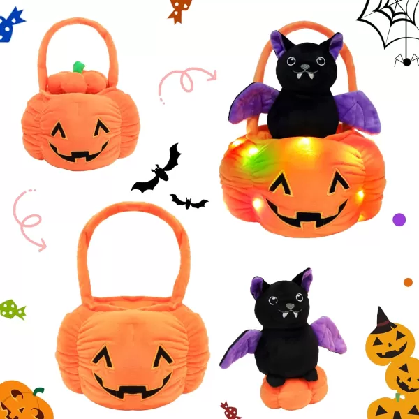 Hopearl Halloween Pumpkin Black Cat Stuffed Animal Kitty in Detachable Pumpkin Plush Toy Festival Gifts for Kids 95Bat with Light