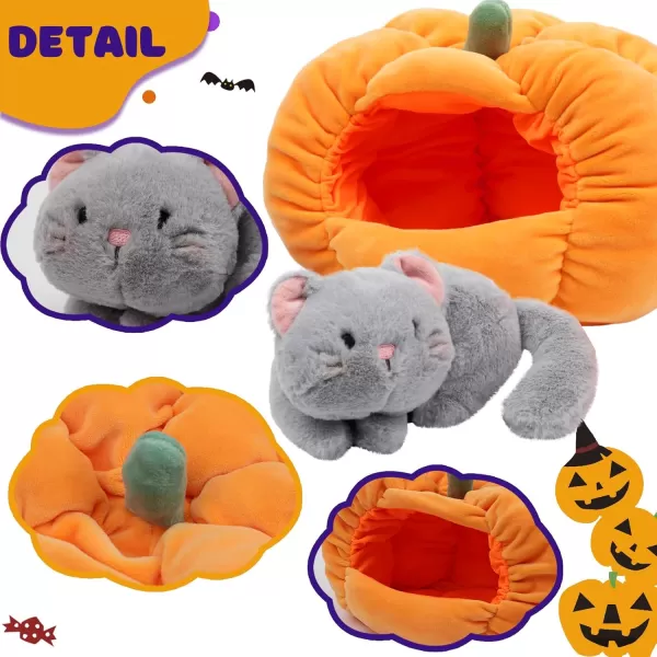 Hopearl Halloween Pumpkin Black Cat Stuffed Animal Kitty in Detachable Pumpkin Plush Toy Festival Gifts for Kids 95Grey Cat