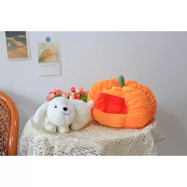 Hopearl Halloween Pumpkin Black Cat Stuffed Animal Kitty in Detachable Pumpkin Plush Toy Festival Gifts for Kids 95White Dog