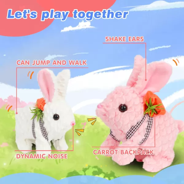 Hopearl Hopping Rabbit Interactive Electronic Pet Plush Bunny Toy with Sounds and Movements Animated Walking Wiggle Ears Twitch Nose Gift for Toddlers Birthday White 7LED Ears Carrot BunnyPink