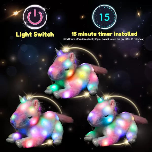 Hopearl LED Plush Unicorn Lighting Up Stuffed Mommy Unicorn with 3 Baby Unicorns in her Tummy Stuffed Animal Playset Night Lights Glow in The Dark for Mom Toddler Girls Rainbow 19