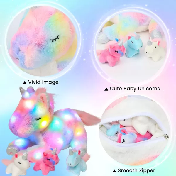 Hopearl LED Plush Unicorn Lighting Up Stuffed Mommy Unicorn with 3 Baby Unicorns in her Tummy Stuffed Animal Playset Night Lights Glow in The Dark for Mom Toddler Girls Rainbow 19