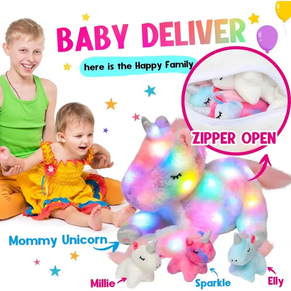 Hopearl LED Plush Unicorn Lighting Up Stuffed Mommy Unicorn with 3 Baby Unicorns in her Tummy Stuffed Animal Playset Night Lights Glow in The Dark for Mom Toddler Girls Rainbow 19