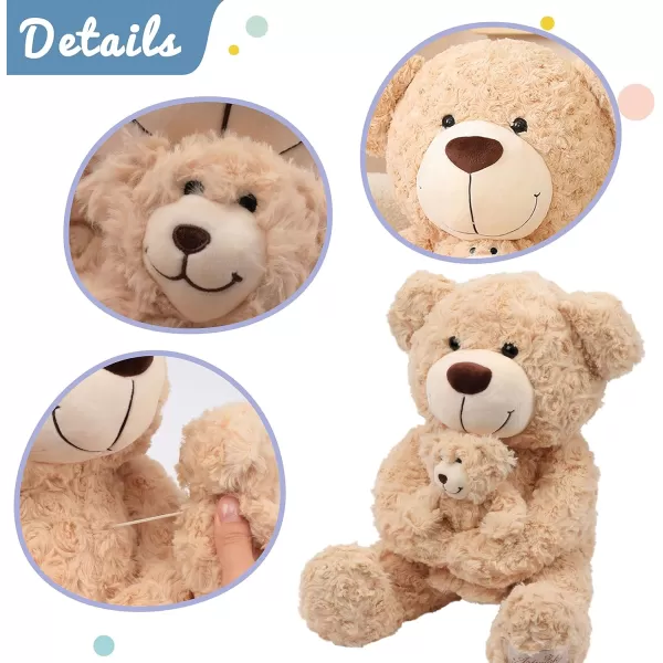 Hopearl Stuffed Animal Teddy Bear Mommy and Stretched Baby Soft Plushie Toy Baby Shower Nursery Dcor Zoo Animals for Toddlers Adorable Stuffed Bears Gifts for Kids Boys Girls 19