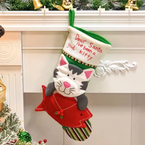 Hopearl 20 Cat Christmas Stocking 3D Large Pet Holder Kitty Ornament Gifts Bags for Pets Ornament Kitten Decoration Holiday Party Supply Green