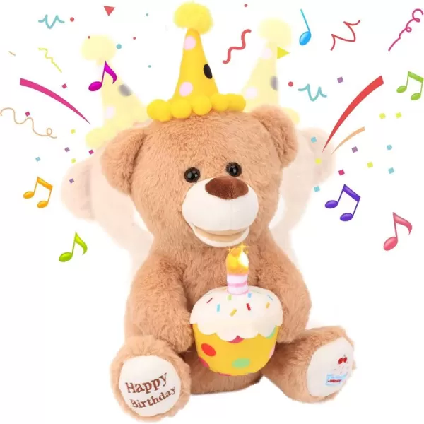 Hopearl Adorable Happy Birthday Teddy Bear with Glowing Cupcake Musical Stuffed Animal Bear Singing and Shaking Plush Toy Interactive Animated Kids Gifts Brown 15