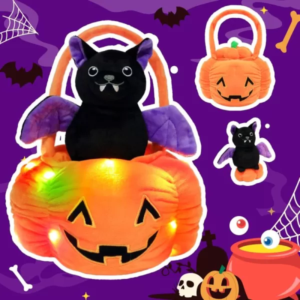 Hopearl Halloween Pumpkin Black Cat Stuffed Animal Kitty in Detachable Pumpkin Plush Toy Festival Gifts for Kids 95Bat with Light